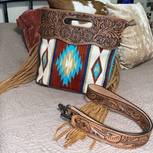American Darling Brown and Blue Aztec Fringe Bag